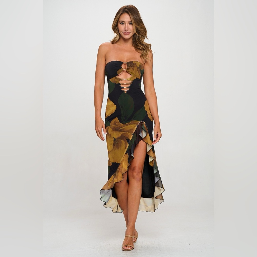Lovely day floral ruffle slit maxi dress